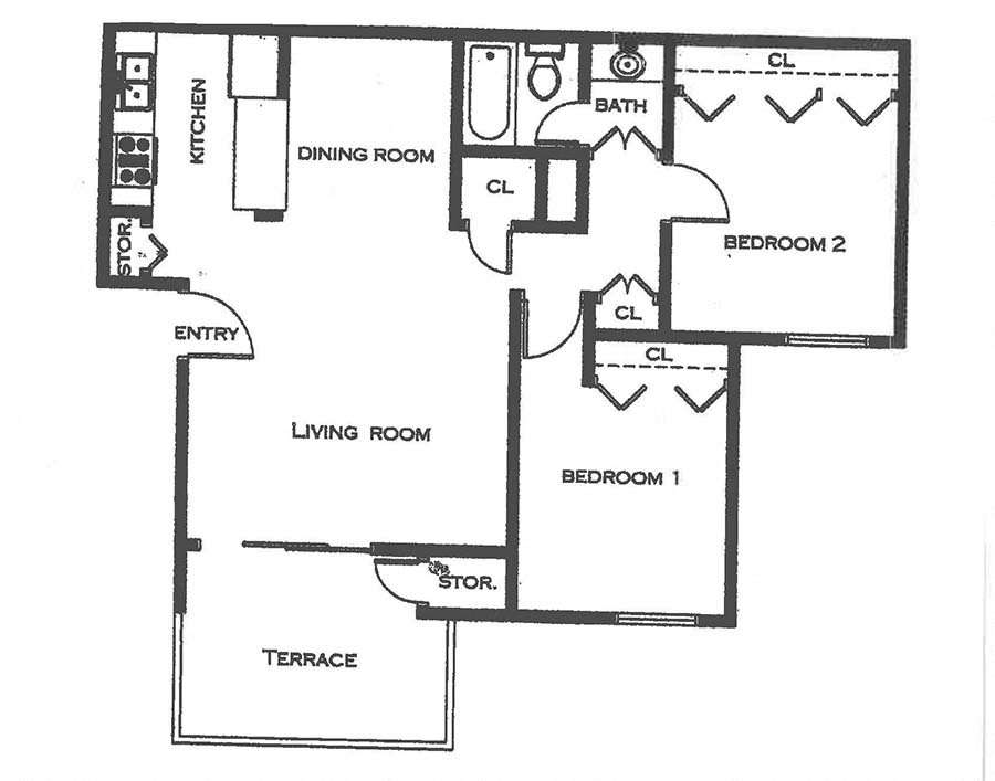 Floor plan for 2 beds, 1 bath